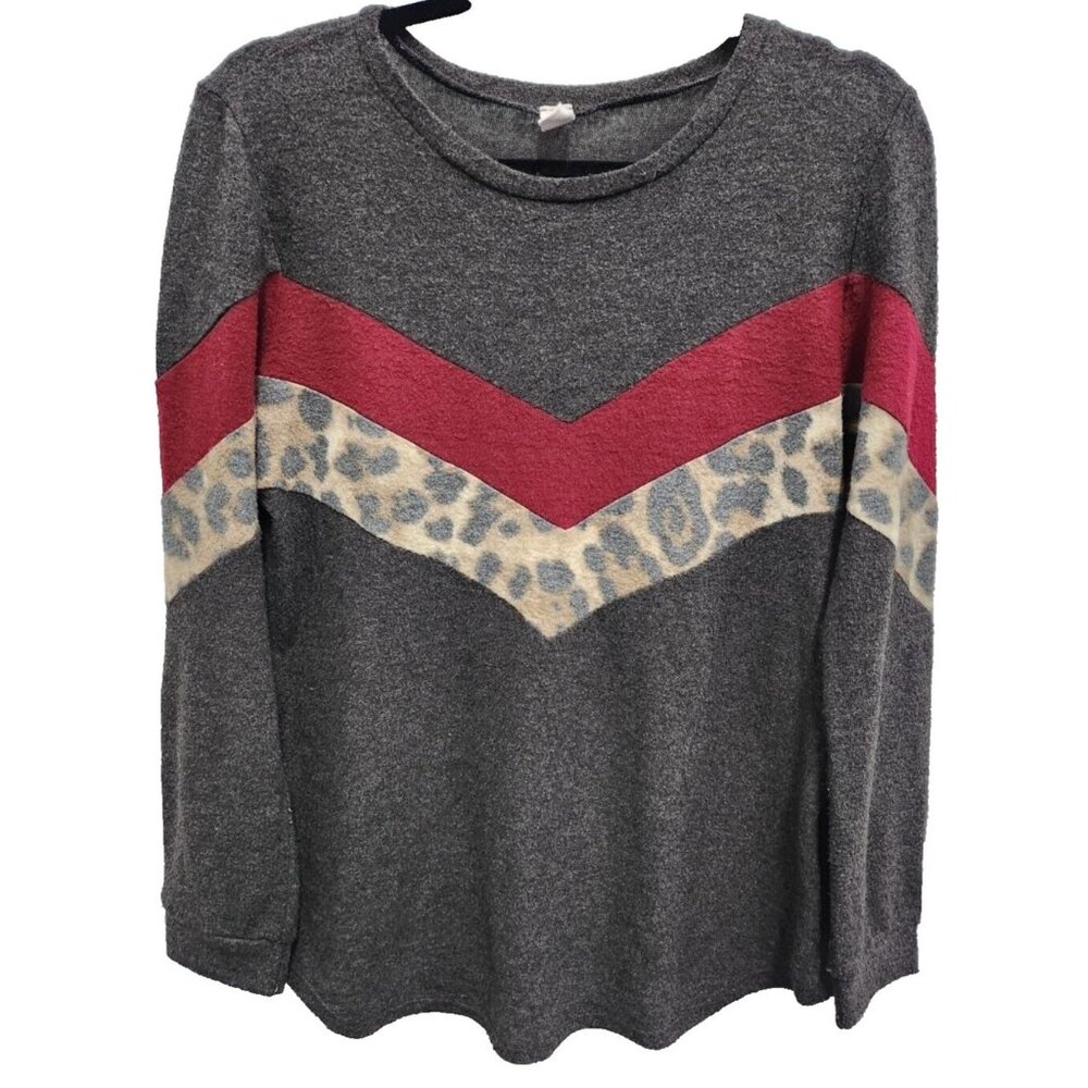 CY Womens Animal Print Colorblock Tunic Top Large Gray Brushed Long Sleeve BOHO‎